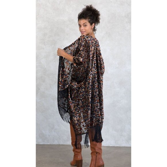 Cato Womens Multicolor‎ Floral Velvet Burnout Fringe Kimono Open Front One Size - Picture 2 of 14